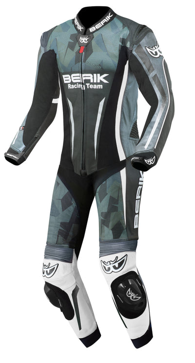 Berik Camo Track perforated One Piece Motorcycle Leather Suit#color_white-green