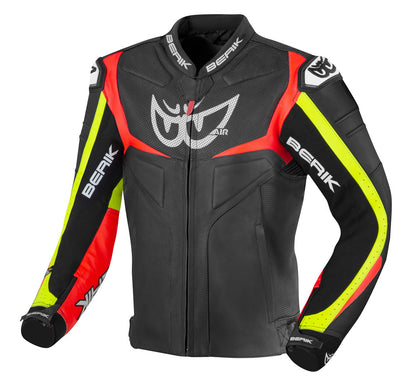Berik Wild Chase Motorcycle Leather Jacket#color_black-white-red-yellow