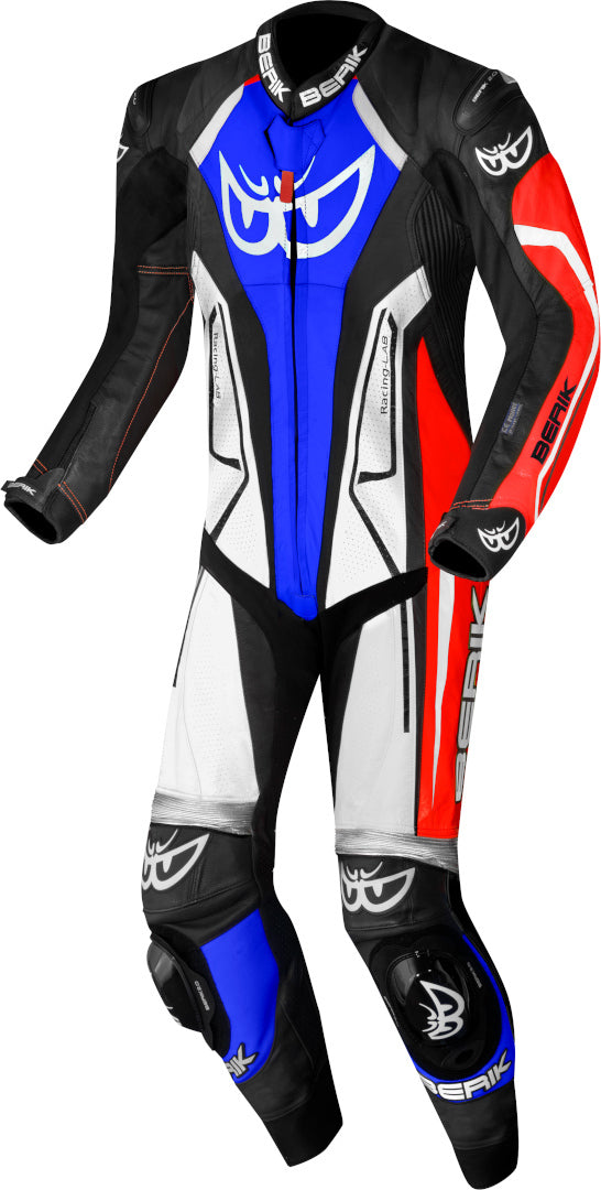 Berik Losail-R perforated One Piece Kangaroo Motorcycle Leather Suit#color_black-red-blue