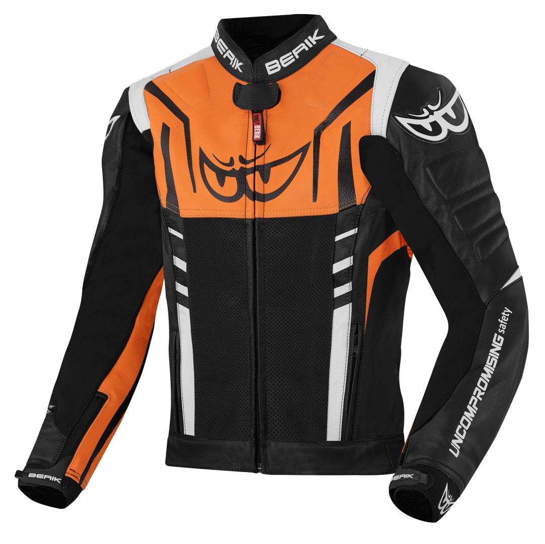 Berik Striper Motorcycle Leather Jacket#color_black-white-orange