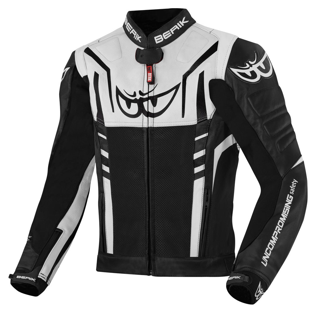 Berik Striper Motorcycle Leather Jacket#color_black-white