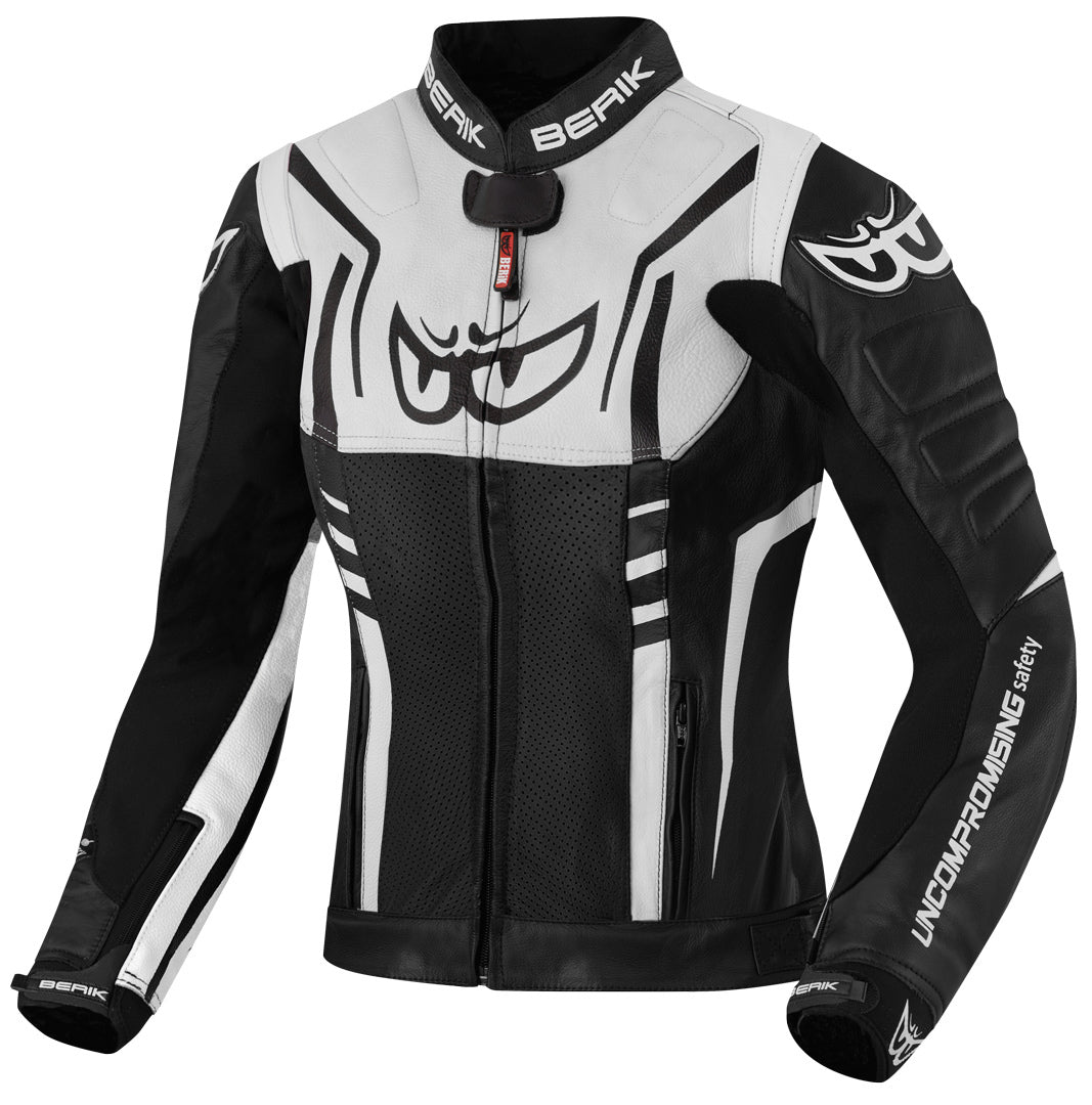 Berik Striper Ladies Motorcycle Leather Jacket#color_black-white