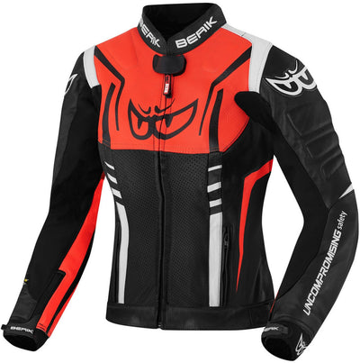 Berik Striper Ladies Motorcycle Leather Jacket#color_black-white-red