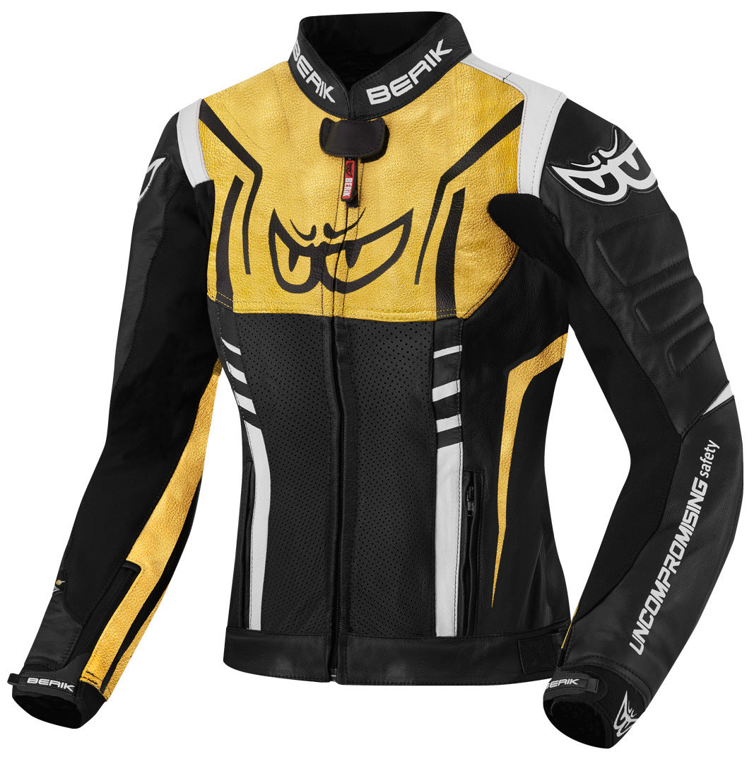 Berik Striper Ladies Motorcycle Leather Jacket#color_black-white-gold