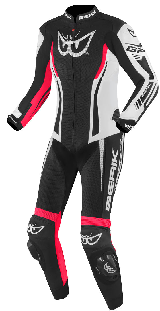 Berik Monza Ladies One Piece Motorcycle Leather Suit#color_black-white-pink