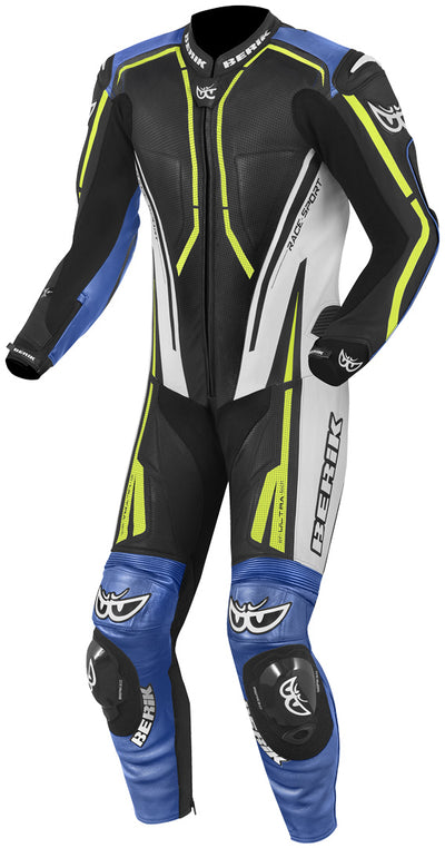Berik Adria-X One Piece Motorcycle Leather Suit#color_black-white-blue-yellow
