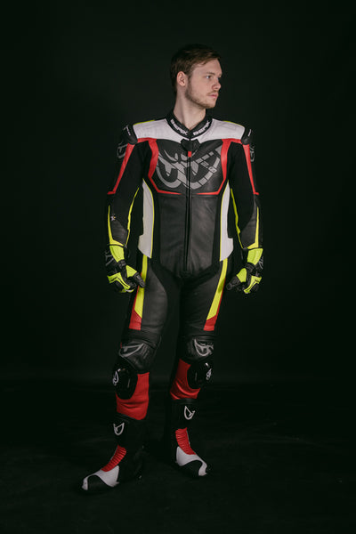 Berik NexG One Piece Motorcycle Leather Suit#color_black-grey-yellow-red