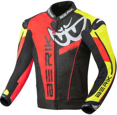 Berik VisionGP Motorcycle Leather Jacket#color_black-neon-yellow-neon-red-white